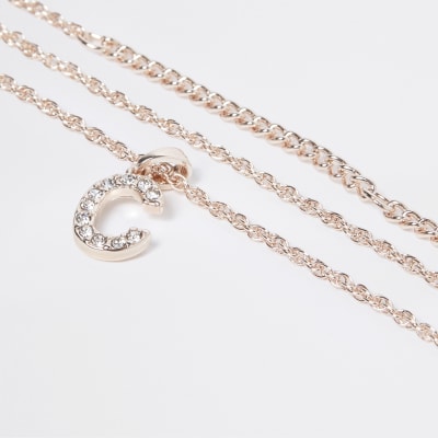 Rose Gold pave C Initial ditsy charm necklace