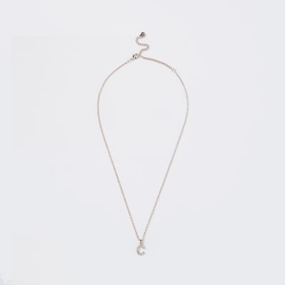 Rose Gold pave C Initial ditsy charm necklace