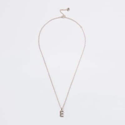 Rose Gold pave E Initial ditsy charm necklace