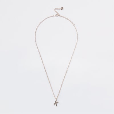 Rose Gold pave K Initial ditsy charm necklace