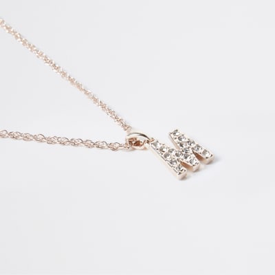Rose Gold pave M Initial ditsy charm necklace