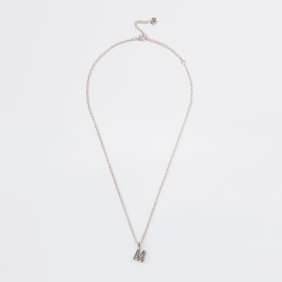 Rose Gold pave M Initial ditsy charm necklace