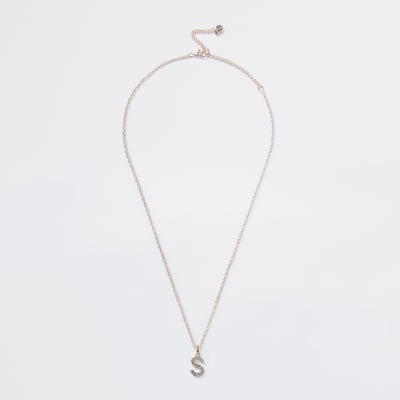 Rose Gold pave S Initial ditsy charm necklace