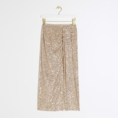 Rose gold sequin drape midi skirt River Island