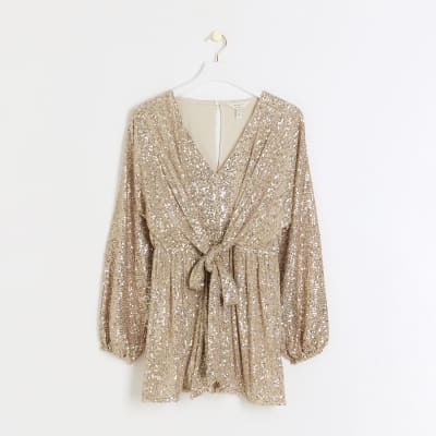 Rose gold sequin knot playsuit River Island