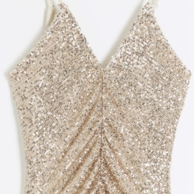 Rose gold sequin ruched slip midi dress | River Island