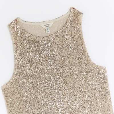 Rose gold sequin tank top | River Island