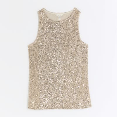 Rose gold sequin tank top | River Island