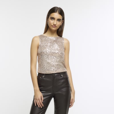 Rose gold sequin tank top | River Island