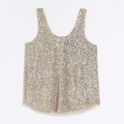 Rose gold sequin tank top | River Island