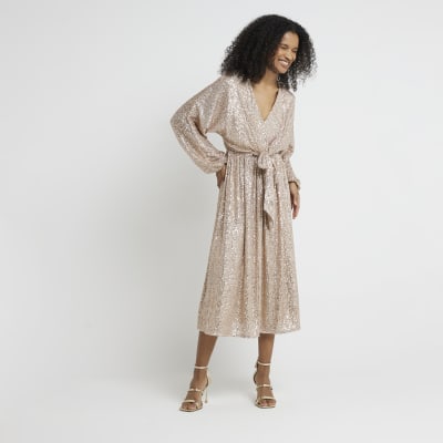 river island sequin midi dress River Island Sequin Midi Skirt Rose Gold Rose Gold Sequin Tie Front Swing  Midi Dress River Island
