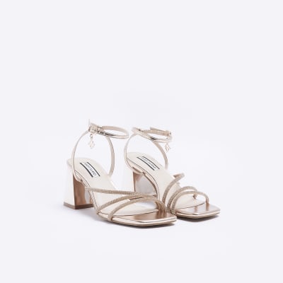 Rose gold strappy block heeled sandals River Island