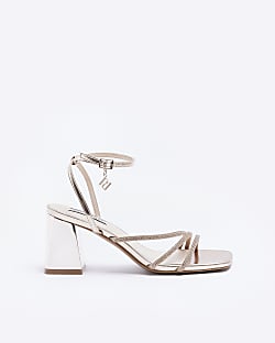 Rose gold strappy block heeled sandals
