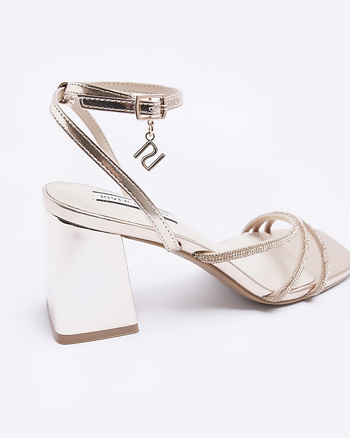 Rose gold strappy block heeled sandals