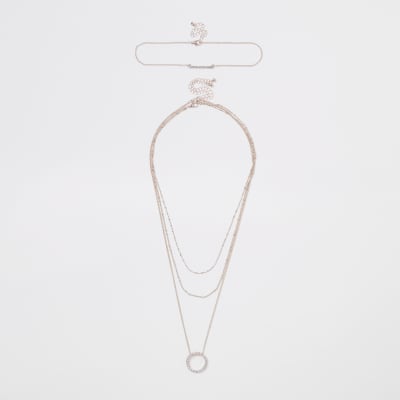 Rose gold tone layered diamante necklace set