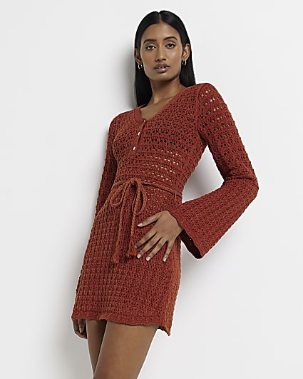 Rust crochet shift mini dress