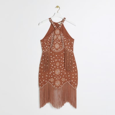 Rust embellished fringe slip mini dress River Island