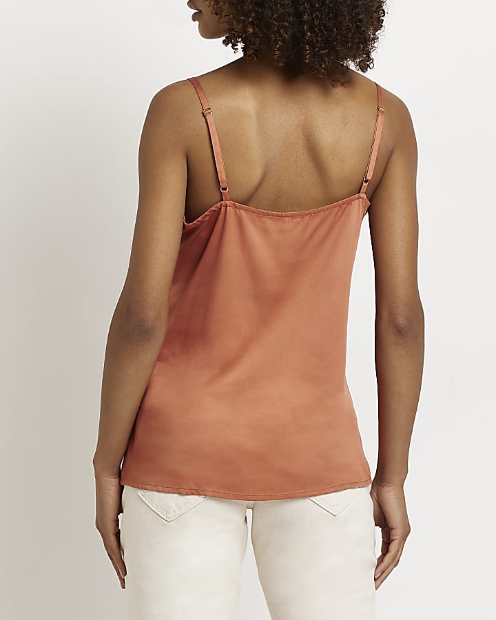Rust embroidered satin cami top