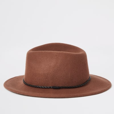 Rust faux leather rope trim fedora hat River Island