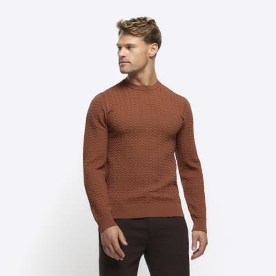 Rust muscle fit cable knit jumper River Island