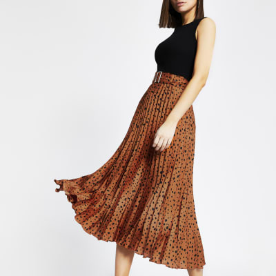 Rust print pleated midi skirt river island