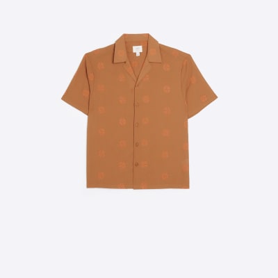 Rust regular fit embroidered revere shirt