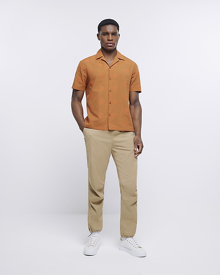 Rust regular fit embroidered revere shirt