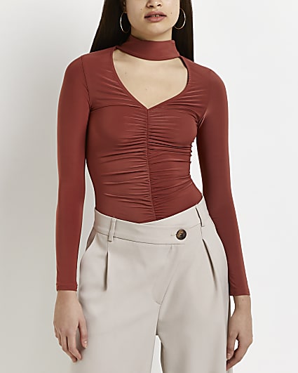 Rust ruched cut out detail fitted top