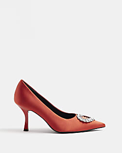 Rust satin embellished heeled court shoes