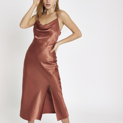 Rust satin lace cowl neck maxi dress