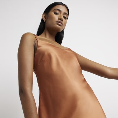 Rust satin slip midi dress