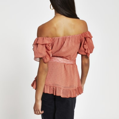 Rust short sleeve soft frill bardot top