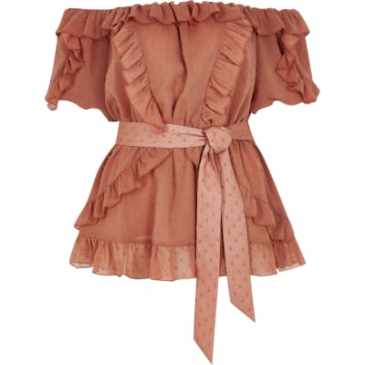 Rust short sleeve soft frill bardot top