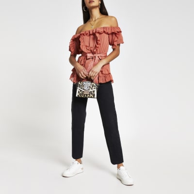 Rust short sleeve soft frill bardot top