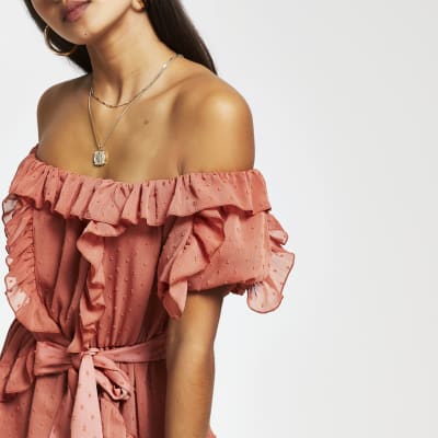 Rust short sleeve soft frill bardot top