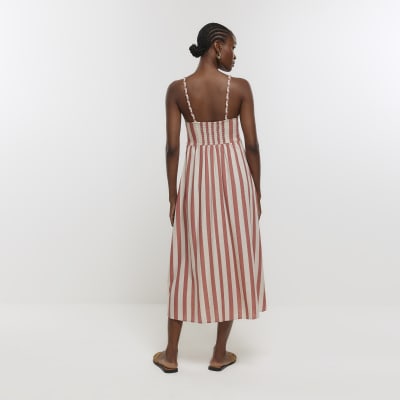 Rust Stripe Linen Blend Midi Dress River Island 1064