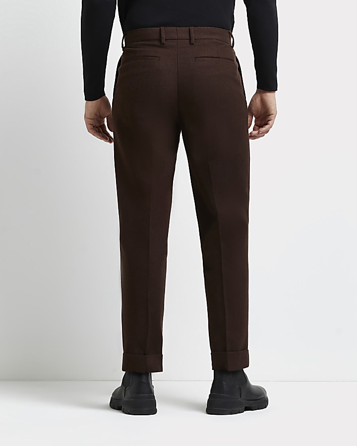 Rust tapered fit pleated turn up hem trousers