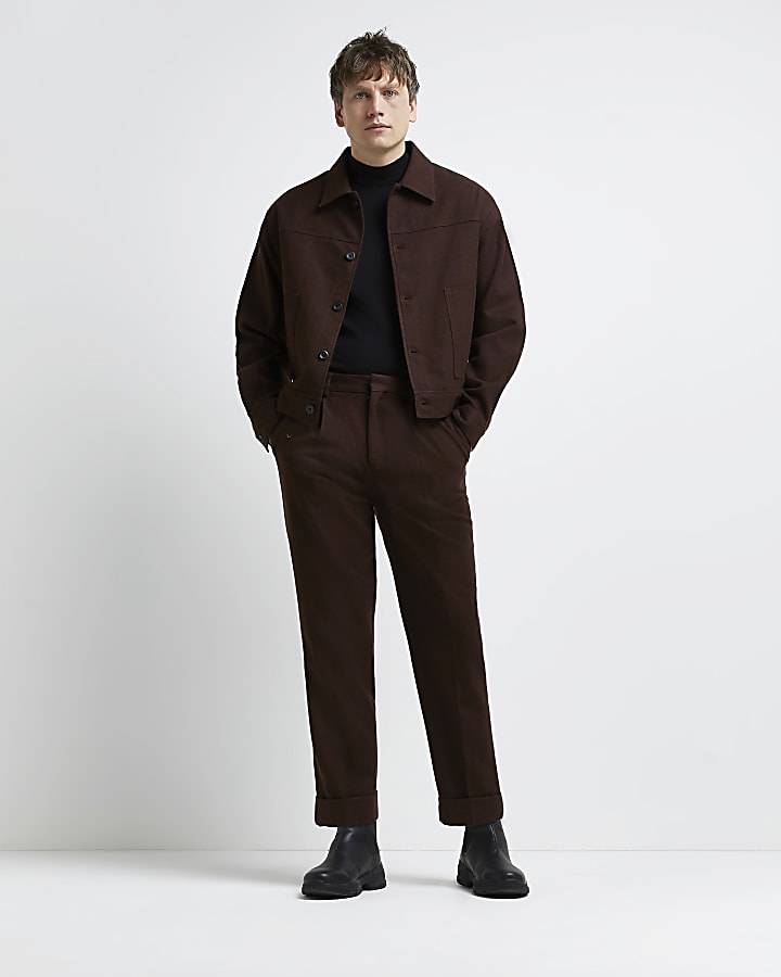 Rust tapered fit pleated turn up hem trousers