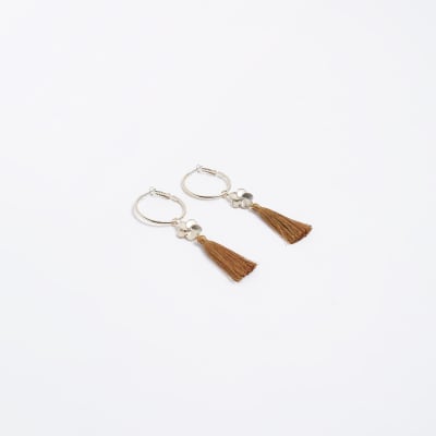 Rust tassel drop hoop earrings River Island