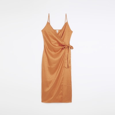 Rust textured wrap midi dress