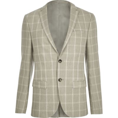 Sand check skinny fit suit jacket