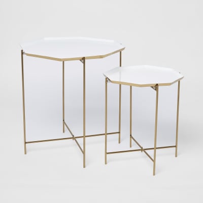 Set of 2 white and gold hexagonal tables