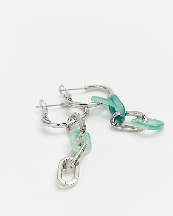 Silver & green colour chain drop earrings