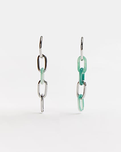 Silver & green colour chain drop earrings