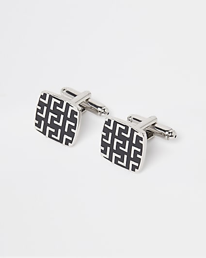 Silver and black engraved cufflinks