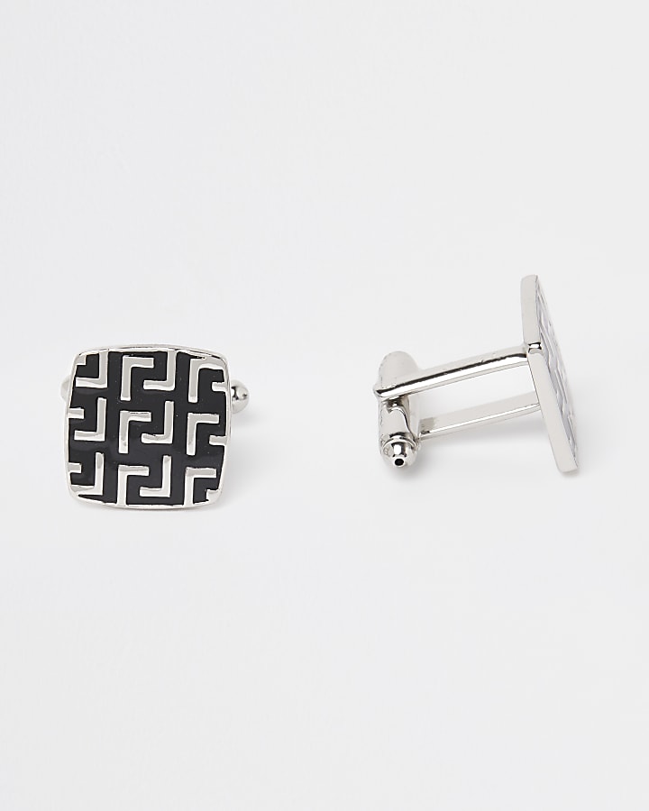 Silver and black engraved cufflinks