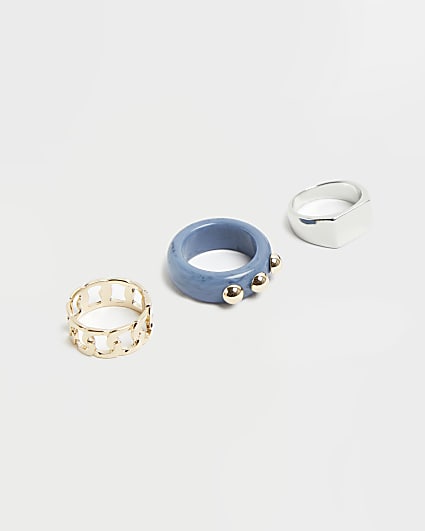Silver and blue mixed chunky ring 3 pack