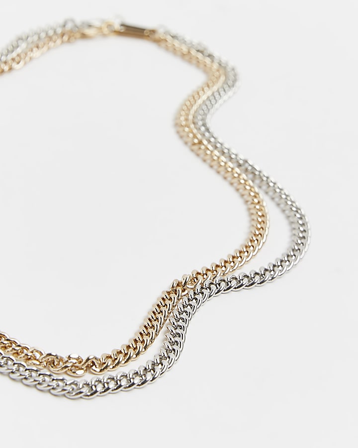 Silver and gold colour 2 row chain necklace