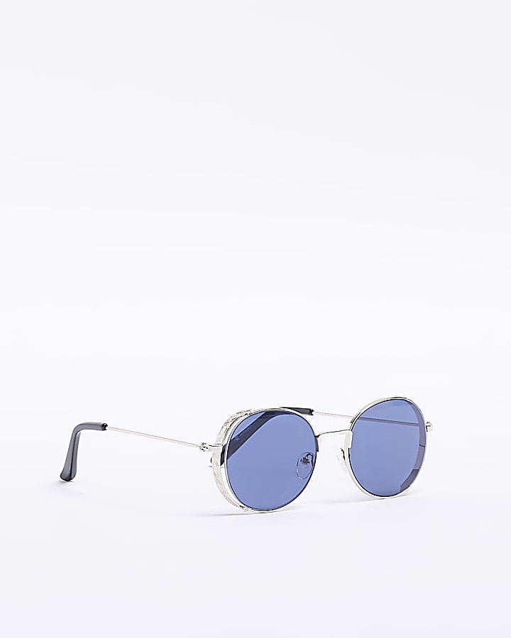 Silver blue lens round sunglasses