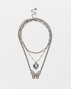 Silver butterfly multirow necklace